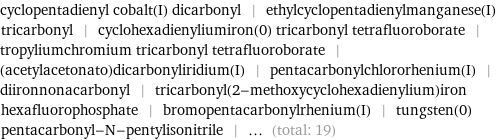 cyclopentadienyl cobalt(I) dicarbonyl | ethylcyclopentadienylmanganese(I) tricarbonyl | cyclohexadienyliumiron(0) tricarbonyl tetrafluoroborate | tropyliumchromium tricarbonyl tetrafluoroborate | (acetylacetonato)dicarbonyliridium(I) | pentacarbonylchlororhenium(I) | diironnonacarbonyl | tricarbonyl(2-methoxycyclohexadienylium)iron hexafluorophosphate | bromopentacarbonylrhenium(I) | tungsten(0) pentacarbonyl-N-pentylisonitrile | ... (total: 19)