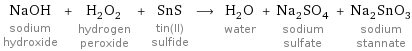 NaOH sodium hydroxide + H_2O_2 hydrogen peroxide + SnS tin(II) sulfide ⟶ H_2O water + Na_2SO_4 sodium sulfate + Na_2SnO_3 sodium stannate