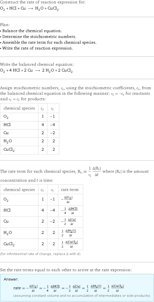 Construct the rate of reaction expression for: O_2 + HCl + Cu ⟶ H_2O + CuCl_2 Plan: • Balance the chemical equation. • Determine the stoichiometric numbers. • Assemble the rate term for each chemical species. • Write the rate of reaction expression. Write the balanced chemical equation: O_2 + 4 HCl + 2 Cu ⟶ 2 H_2O + 2 CuCl_2 Assign stoichiometric numbers, ν_i, using the stoichiometric coefficients, c_i, from the balanced chemical equation in the following manner: ν_i = -c_i for reactants and ν_i = c_i for products: chemical species | c_i | ν_i O_2 | 1 | -1 HCl | 4 | -4 Cu | 2 | -2 H_2O | 2 | 2 CuCl_2 | 2 | 2 The rate term for each chemical species, B_i, is 1/ν_i(Δ[B_i])/(Δt) where [B_i] is the amount concentration and t is time: chemical species | c_i | ν_i | rate term O_2 | 1 | -1 | -(Δ[O2])/(Δt) HCl | 4 | -4 | -1/4 (Δ[HCl])/(Δt) Cu | 2 | -2 | -1/2 (Δ[Cu])/(Δt) H_2O | 2 | 2 | 1/2 (Δ[H2O])/(Δt) CuCl_2 | 2 | 2 | 1/2 (Δ[CuCl2])/(Δt) (for infinitesimal rate of change, replace Δ with d) Set the rate terms equal to each other to arrive at the rate expression: Answer: |   | rate = -(Δ[O2])/(Δt) = -1/4 (Δ[HCl])/(Δt) = -1/2 (Δ[Cu])/(Δt) = 1/2 (Δ[H2O])/(Δt) = 1/2 (Δ[CuCl2])/(Δt) (assuming constant volume and no accumulation of intermediates or side products)