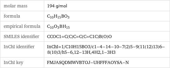 molar mass | 194 g/mol formula | C_10H_15BO_3 empirical formula | C_10O_3B_H_15 SMILES identifier | CCOC1=C(C)C=C(C=C1C)B(O)O InChI identifier | InChI=1/C10H15BO3/c1-4-14-10-7(2)5-9(11(12)13)6-8(10)3/h5-6, 12-13H, 4H2, 1-3H3 InChI key | FMJASQDMWVBTOJ-UHFFFAOYSA-N