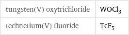 tungsten(V) oxytrichloride | WOCl_3 technetium(V) fluoride | TcF_5