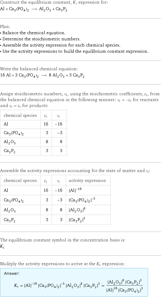 Construct the equilibrium constant, K, expression for: Al + Ca_3(PO_4)_2 ⟶ Al_2O_3 + Ca_3P_2 Plan: • Balance the chemical equation. • Determine the stoichiometric numbers. • Assemble the activity expression for each chemical species. • Use the activity expressions to build the equilibrium constant expression. Write the balanced chemical equation: 16 Al + 3 Ca_3(PO_4)_2 ⟶ 8 Al_2O_3 + 3 Ca_3P_2 Assign stoichiometric numbers, ν_i, using the stoichiometric coefficients, c_i, from the balanced chemical equation in the following manner: ν_i = -c_i for reactants and ν_i = c_i for products: chemical species | c_i | ν_i Al | 16 | -16 Ca_3(PO_4)_2 | 3 | -3 Al_2O_3 | 8 | 8 Ca_3P_2 | 3 | 3 Assemble the activity expressions accounting for the state of matter and ν_i: chemical species | c_i | ν_i | activity expression Al | 16 | -16 | ([Al])^(-16) Ca_3(PO_4)_2 | 3 | -3 | ([Ca3(PO4)2])^(-3) Al_2O_3 | 8 | 8 | ([Al2O3])^8 Ca_3P_2 | 3 | 3 | ([Ca3P2])^3 The equilibrium constant symbol in the concentration basis is: K_c Mulitply the activity expressions to arrive at the K_c expression: Answer: |   | K_c = ([Al])^(-16) ([Ca3(PO4)2])^(-3) ([Al2O3])^8 ([Ca3P2])^3 = (([Al2O3])^8 ([Ca3P2])^3)/(([Al])^16 ([Ca3(PO4)2])^3)