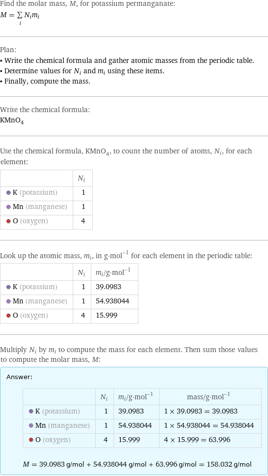 Find the molar mass, M, for potassium permanganate: M = sum _iN_im_i Plan: • Write the chemical formula and gather atomic masses from the periodic table. • Determine values for N_i and m_i using these items. • Finally, compute the mass. Write the chemical formula: KMnO_4 Use the chemical formula, KMnO_4, to count the number of atoms, N_i, for each element:  | N_i  K (potassium) | 1  Mn (manganese) | 1  O (oxygen) | 4 Look up the atomic mass, m_i, in g·mol^(-1) for each element in the periodic table:  | N_i | m_i/g·mol^(-1)  K (potassium) | 1 | 39.0983  Mn (manganese) | 1 | 54.938044  O (oxygen) | 4 | 15.999 Multiply N_i by m_i to compute the mass for each element. Then sum those values to compute the molar mass, M: Answer: |   | | N_i | m_i/g·mol^(-1) | mass/g·mol^(-1)  K (potassium) | 1 | 39.0983 | 1 × 39.0983 = 39.0983  Mn (manganese) | 1 | 54.938044 | 1 × 54.938044 = 54.938044  O (oxygen) | 4 | 15.999 | 4 × 15.999 = 63.996  M = 39.0983 g/mol + 54.938044 g/mol + 63.996 g/mol = 158.032 g/mol