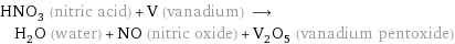 HNO_3 (nitric acid) + V (vanadium) ⟶ H_2O (water) + NO (nitric oxide) + V_2O_5 (vanadium pentoxide)