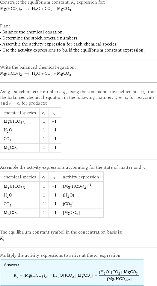 Construct the equilibrium constant, K, expression for: Mg(HCO3)2 ⟶ H_2O + CO_2 + MgCO_3 Plan: • Balance the chemical equation. • Determine the stoichiometric numbers. • Assemble the activity expression for each chemical species. • Use the activity expressions to build the equilibrium constant expression. Write the balanced chemical equation: Mg(HCO3)2 ⟶ H_2O + CO_2 + MgCO_3 Assign stoichiometric numbers, ν_i, using the stoichiometric coefficients, c_i, from the balanced chemical equation in the following manner: ν_i = -c_i for reactants and ν_i = c_i for products: chemical species | c_i | ν_i Mg(HCO3)2 | 1 | -1 H_2O | 1 | 1 CO_2 | 1 | 1 MgCO_3 | 1 | 1 Assemble the activity expressions accounting for the state of matter and ν_i: chemical species | c_i | ν_i | activity expression Mg(HCO3)2 | 1 | -1 | ([Mg(HCO3)2])^(-1) H_2O | 1 | 1 | [H2O] CO_2 | 1 | 1 | [CO2] MgCO_3 | 1 | 1 | [MgCO3] The equilibrium constant symbol in the concentration basis is: K_c Mulitply the activity expressions to arrive at the K_c expression: Answer: |   | K_c = ([Mg(HCO3)2])^(-1) [H2O] [CO2] [MgCO3] = ([H2O] [CO2] [MgCO3])/([Mg(HCO3)2])