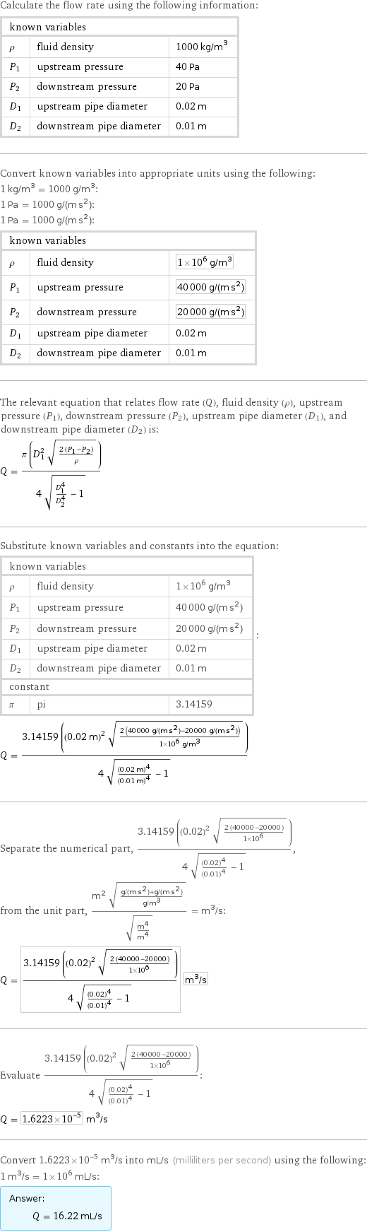 Calculate the flow rate using the following information: known variables | |  ρ | fluid density | 1000 kg/m^3 P_1 | upstream pressure | 40 Pa P_2 | downstream pressure | 20 Pa D_1 | upstream pipe diameter | 0.02 m D_2 | downstream pipe diameter | 0.01 m Convert known variables into appropriate units using the following: 1 kg/m^3 = 1000 g/m^3: 1 Pa = 1000 g/(m s^2): 1 Pa = 1000 g/(m s^2): known variables | |  ρ | fluid density | 1×10^6 g/m^3 P_1 | upstream pressure | 40000 g/(m s^2) P_2 | downstream pressure | 20000 g/(m s^2) D_1 | upstream pipe diameter | 0.02 m D_2 | downstream pipe diameter | 0.01 m The relevant equation that relates flow rate (Q), fluid density (ρ), upstream pressure (P_1), downstream pressure (P_2), upstream pipe diameter (D_1), and downstream pipe diameter (D_2) is: Q = (π (D_1^2 sqrt((2 (P_1 - P_2))/ρ)))/(4 sqrt(D_1^4/D_2^4 - 1)) Substitute known variables and constants into the equation: known variables | |  ρ | fluid density | 1×10^6 g/m^3 P_1 | upstream pressure | 40000 g/(m s^2) P_2 | downstream pressure | 20000 g/(m s^2) D_1 | upstream pipe diameter | 0.02 m D_2 | downstream pipe diameter | 0.01 m constant | |  π | pi | 3.14159 | : Q = (3.14159 ((0.02 m)^2 sqrt((2 (40000 g/(m s^2) - 20000 g/(m s^2)))/(1×10^6 g/m^3))))/(4 sqrt((0.02 m)^4/(0.01 m)^4 - 1)) Separate the numerical part, (3.14159 ((0.02)^2 sqrt((2 (40000 - 20000))/(1×10^6))))/(4 sqrt((0.02)^4/(0.01)^4 - 1)), from the unit part, (m^2 sqrt((g/(m s^2) + g/(m s^2))/(g/m^3)))/sqrt((m^4)/(m^4)) = m^3/s: Q = (3.14159 ((0.02)^2 sqrt((2 (40000 - 20000))/(1×10^6))))/(4 sqrt((0.02)^4/(0.01)^4 - 1)) m^3/s Evaluate (3.14159 ((0.02)^2 sqrt((2 (40000 - 20000))/(1×10^6))))/(4 sqrt((0.02)^4/(0.01)^4 - 1)): Q = 1.6223×10^-5 m^3/s Convert 1.6223×10^-5 m^3/s into mL/s (milliliters per second) using the following: 1 m^3/s = 1×10^6 mL/s: Answer: |   | Q = 16.22 mL/s