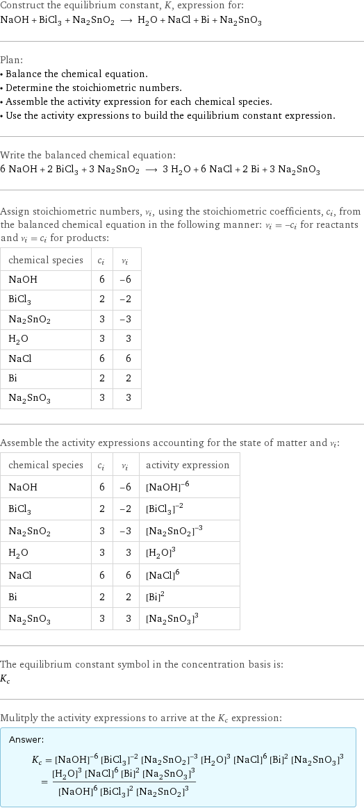 Construct the equilibrium constant, K, expression for: NaOH + BiCl_3 + Na2SnO2 ⟶ H_2O + NaCl + Bi + Na_2SnO_3 Plan: • Balance the chemical equation. • Determine the stoichiometric numbers. • Assemble the activity expression for each chemical species. • Use the activity expressions to build the equilibrium constant expression. Write the balanced chemical equation: 6 NaOH + 2 BiCl_3 + 3 Na2SnO2 ⟶ 3 H_2O + 6 NaCl + 2 Bi + 3 Na_2SnO_3 Assign stoichiometric numbers, ν_i, using the stoichiometric coefficients, c_i, from the balanced chemical equation in the following manner: ν_i = -c_i for reactants and ν_i = c_i for products: chemical species | c_i | ν_i NaOH | 6 | -6 BiCl_3 | 2 | -2 Na2SnO2 | 3 | -3 H_2O | 3 | 3 NaCl | 6 | 6 Bi | 2 | 2 Na_2SnO_3 | 3 | 3 Assemble the activity expressions accounting for the state of matter and ν_i: chemical species | c_i | ν_i | activity expression NaOH | 6 | -6 | ([NaOH])^(-6) BiCl_3 | 2 | -2 | ([BiCl3])^(-2) Na2SnO2 | 3 | -3 | ([Na2SnO2])^(-3) H_2O | 3 | 3 | ([H2O])^3 NaCl | 6 | 6 | ([NaCl])^6 Bi | 2 | 2 | ([Bi])^2 Na_2SnO_3 | 3 | 3 | ([Na2SnO3])^3 The equilibrium constant symbol in the concentration basis is: K_c Mulitply the activity expressions to arrive at the K_c expression: Answer: |   | K_c = ([NaOH])^(-6) ([BiCl3])^(-2) ([Na2SnO2])^(-3) ([H2O])^3 ([NaCl])^6 ([Bi])^2 ([Na2SnO3])^3 = (([H2O])^3 ([NaCl])^6 ([Bi])^2 ([Na2SnO3])^3)/(([NaOH])^6 ([BiCl3])^2 ([Na2SnO2])^3)