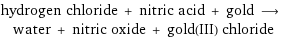 hydrogen chloride + nitric acid + gold ⟶ water + nitric oxide + gold(III) chloride