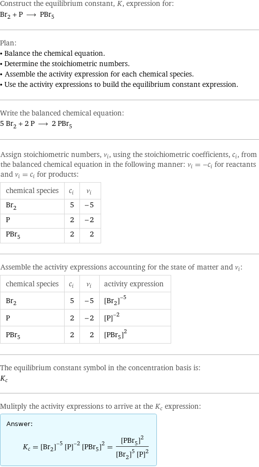 Construct the equilibrium constant, K, expression for: Br_2 + P ⟶ PBr_5 Plan: • Balance the chemical equation. • Determine the stoichiometric numbers. • Assemble the activity expression for each chemical species. • Use the activity expressions to build the equilibrium constant expression. Write the balanced chemical equation: 5 Br_2 + 2 P ⟶ 2 PBr_5 Assign stoichiometric numbers, ν_i, using the stoichiometric coefficients, c_i, from the balanced chemical equation in the following manner: ν_i = -c_i for reactants and ν_i = c_i for products: chemical species | c_i | ν_i Br_2 | 5 | -5 P | 2 | -2 PBr_5 | 2 | 2 Assemble the activity expressions accounting for the state of matter and ν_i: chemical species | c_i | ν_i | activity expression Br_2 | 5 | -5 | ([Br2])^(-5) P | 2 | -2 | ([P])^(-2) PBr_5 | 2 | 2 | ([PBr5])^2 The equilibrium constant symbol in the concentration basis is: K_c Mulitply the activity expressions to arrive at the K_c expression: Answer: |   | K_c = ([Br2])^(-5) ([P])^(-2) ([PBr5])^2 = ([PBr5])^2/(([Br2])^5 ([P])^2)