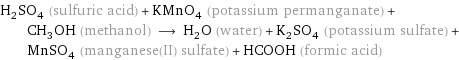 H_2SO_4 (sulfuric acid) + KMnO_4 (potassium permanganate) + CH_3OH (methanol) ⟶ H_2O (water) + K_2SO_4 (potassium sulfate) + MnSO_4 (manganese(II) sulfate) + HCOOH (formic acid)