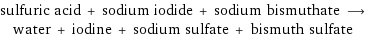 sulfuric acid + sodium iodide + sodium bismuthate ⟶ water + iodine + sodium sulfate + bismuth sulfate