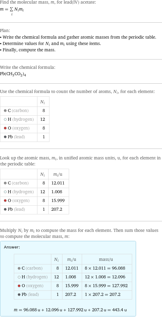 Find the molecular mass, m, for lead(IV) acetate: m = sum _iN_im_i Plan: • Write the chemical formula and gather atomic masses from the periodic table. • Determine values for N_i and m_i using these items. • Finally, compute the mass. Write the chemical formula: Pb(CH_3CO_2)_4 Use the chemical formula to count the number of atoms, N_i, for each element:  | N_i  C (carbon) | 8  H (hydrogen) | 12  O (oxygen) | 8  Pb (lead) | 1 Look up the atomic mass, m_i, in unified atomic mass units, u, for each element in the periodic table:  | N_i | m_i/u  C (carbon) | 8 | 12.011  H (hydrogen) | 12 | 1.008  O (oxygen) | 8 | 15.999  Pb (lead) | 1 | 207.2 Multiply N_i by m_i to compute the mass for each element. Then sum those values to compute the molecular mass, m: Answer: |   | | N_i | m_i/u | mass/u  C (carbon) | 8 | 12.011 | 8 × 12.011 = 96.088  H (hydrogen) | 12 | 1.008 | 12 × 1.008 = 12.096  O (oxygen) | 8 | 15.999 | 8 × 15.999 = 127.992  Pb (lead) | 1 | 207.2 | 1 × 207.2 = 207.2  m = 96.088 u + 12.096 u + 127.992 u + 207.2 u = 443.4 u