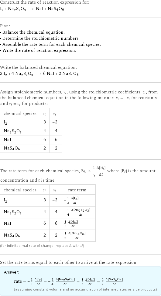 Construct the rate of reaction expression for: I_2 + Na_2S_2O_3 ⟶ NaI + NaS4O6 Plan: • Balance the chemical equation. • Determine the stoichiometric numbers. • Assemble the rate term for each chemical species. • Write the rate of reaction expression. Write the balanced chemical equation: 3 I_2 + 4 Na_2S_2O_3 ⟶ 6 NaI + 2 NaS4O6 Assign stoichiometric numbers, ν_i, using the stoichiometric coefficients, c_i, from the balanced chemical equation in the following manner: ν_i = -c_i for reactants and ν_i = c_i for products: chemical species | c_i | ν_i I_2 | 3 | -3 Na_2S_2O_3 | 4 | -4 NaI | 6 | 6 NaS4O6 | 2 | 2 The rate term for each chemical species, B_i, is 1/ν_i(Δ[B_i])/(Δt) where [B_i] is the amount concentration and t is time: chemical species | c_i | ν_i | rate term I_2 | 3 | -3 | -1/3 (Δ[I2])/(Δt) Na_2S_2O_3 | 4 | -4 | -1/4 (Δ[Na2S2O3])/(Δt) NaI | 6 | 6 | 1/6 (Δ[NaI])/(Δt) NaS4O6 | 2 | 2 | 1/2 (Δ[NaS4O6])/(Δt) (for infinitesimal rate of change, replace Δ with d) Set the rate terms equal to each other to arrive at the rate expression: Answer: |   | rate = -1/3 (Δ[I2])/(Δt) = -1/4 (Δ[Na2S2O3])/(Δt) = 1/6 (Δ[NaI])/(Δt) = 1/2 (Δ[NaS4O6])/(Δt) (assuming constant volume and no accumulation of intermediates or side products)