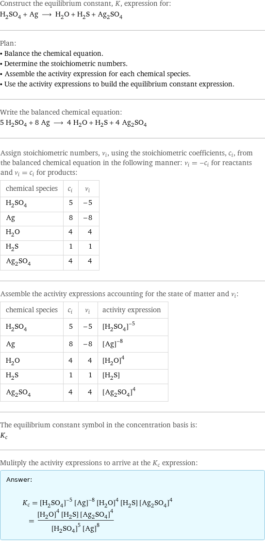 Construct the equilibrium constant, K, expression for: H_2SO_4 + Ag ⟶ H_2O + H_2S + Ag_2SO_4 Plan: • Balance the chemical equation. • Determine the stoichiometric numbers. • Assemble the activity expression for each chemical species. • Use the activity expressions to build the equilibrium constant expression. Write the balanced chemical equation: 5 H_2SO_4 + 8 Ag ⟶ 4 H_2O + H_2S + 4 Ag_2SO_4 Assign stoichiometric numbers, ν_i, using the stoichiometric coefficients, c_i, from the balanced chemical equation in the following manner: ν_i = -c_i for reactants and ν_i = c_i for products: chemical species | c_i | ν_i H_2SO_4 | 5 | -5 Ag | 8 | -8 H_2O | 4 | 4 H_2S | 1 | 1 Ag_2SO_4 | 4 | 4 Assemble the activity expressions accounting for the state of matter and ν_i: chemical species | c_i | ν_i | activity expression H_2SO_4 | 5 | -5 | ([H2SO4])^(-5) Ag | 8 | -8 | ([Ag])^(-8) H_2O | 4 | 4 | ([H2O])^4 H_2S | 1 | 1 | [H2S] Ag_2SO_4 | 4 | 4 | ([Ag2SO4])^4 The equilibrium constant symbol in the concentration basis is: K_c Mulitply the activity expressions to arrive at the K_c expression: Answer: |   | K_c = ([H2SO4])^(-5) ([Ag])^(-8) ([H2O])^4 [H2S] ([Ag2SO4])^4 = (([H2O])^4 [H2S] ([Ag2SO4])^4)/(([H2SO4])^5 ([Ag])^8)