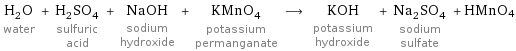 H_2O water + H_2SO_4 sulfuric acid + NaOH sodium hydroxide + KMnO_4 potassium permanganate ⟶ KOH potassium hydroxide + Na_2SO_4 sodium sulfate + HMnO4