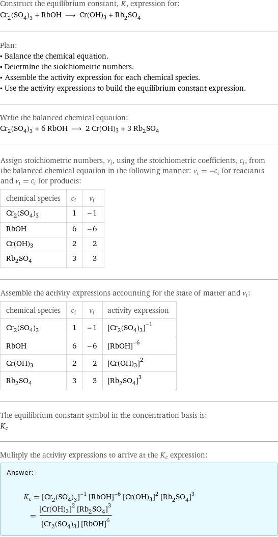 Construct the equilibrium constant, K, expression for: Cr_2(SO_4)_3 + RbOH ⟶ Cr(OH)3 + Rb_2SO_4 Plan: • Balance the chemical equation. • Determine the stoichiometric numbers. • Assemble the activity expression for each chemical species. • Use the activity expressions to build the equilibrium constant expression. Write the balanced chemical equation: Cr_2(SO_4)_3 + 6 RbOH ⟶ 2 Cr(OH)3 + 3 Rb_2SO_4 Assign stoichiometric numbers, ν_i, using the stoichiometric coefficients, c_i, from the balanced chemical equation in the following manner: ν_i = -c_i for reactants and ν_i = c_i for products: chemical species | c_i | ν_i Cr_2(SO_4)_3 | 1 | -1 RbOH | 6 | -6 Cr(OH)3 | 2 | 2 Rb_2SO_4 | 3 | 3 Assemble the activity expressions accounting for the state of matter and ν_i: chemical species | c_i | ν_i | activity expression Cr_2(SO_4)_3 | 1 | -1 | ([Cr2(SO4)3])^(-1) RbOH | 6 | -6 | ([RbOH])^(-6) Cr(OH)3 | 2 | 2 | ([Cr(OH)3])^2 Rb_2SO_4 | 3 | 3 | ([Rb2SO4])^3 The equilibrium constant symbol in the concentration basis is: K_c Mulitply the activity expressions to arrive at the K_c expression: Answer: |   | K_c = ([Cr2(SO4)3])^(-1) ([RbOH])^(-6) ([Cr(OH)3])^2 ([Rb2SO4])^3 = (([Cr(OH)3])^2 ([Rb2SO4])^3)/([Cr2(SO4)3] ([RbOH])^6)