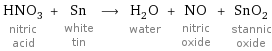 HNO_3 nitric acid + Sn white tin ⟶ H_2O water + NO nitric oxide + SnO_2 stannic oxide