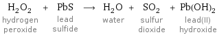 H_2O_2 hydrogen peroxide + PbS lead sulfide ⟶ H_2O water + SO_2 sulfur dioxide + Pb(OH)_2 lead(II) hydroxide