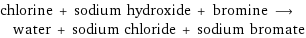 chlorine + sodium hydroxide + bromine ⟶ water + sodium chloride + sodium bromate