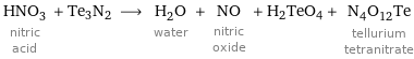 HNO_3 nitric acid + Te3N2 ⟶ H_2O water + NO nitric oxide + H2TeO4 + N_4O_12Te tellurium tetranitrate