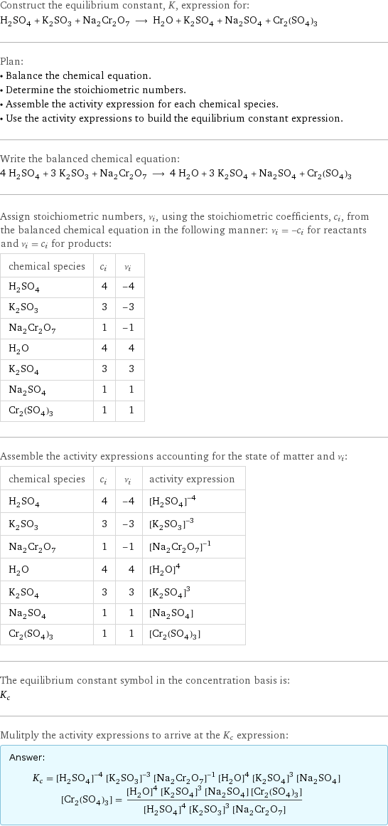 Construct the equilibrium constant, K, expression for: H_2SO_4 + K_2SO_3 + Na_2Cr_2O_7 ⟶ H_2O + K_2SO_4 + Na_2SO_4 + Cr_2(SO_4)_3 Plan: • Balance the chemical equation. • Determine the stoichiometric numbers. • Assemble the activity expression for each chemical species. • Use the activity expressions to build the equilibrium constant expression. Write the balanced chemical equation: 4 H_2SO_4 + 3 K_2SO_3 + Na_2Cr_2O_7 ⟶ 4 H_2O + 3 K_2SO_4 + Na_2SO_4 + Cr_2(SO_4)_3 Assign stoichiometric numbers, ν_i, using the stoichiometric coefficients, c_i, from the balanced chemical equation in the following manner: ν_i = -c_i for reactants and ν_i = c_i for products: chemical species | c_i | ν_i H_2SO_4 | 4 | -4 K_2SO_3 | 3 | -3 Na_2Cr_2O_7 | 1 | -1 H_2O | 4 | 4 K_2SO_4 | 3 | 3 Na_2SO_4 | 1 | 1 Cr_2(SO_4)_3 | 1 | 1 Assemble the activity expressions accounting for the state of matter and ν_i: chemical species | c_i | ν_i | activity expression H_2SO_4 | 4 | -4 | ([H2SO4])^(-4) K_2SO_3 | 3 | -3 | ([K2SO3])^(-3) Na_2Cr_2O_7 | 1 | -1 | ([Na2Cr2O7])^(-1) H_2O | 4 | 4 | ([H2O])^4 K_2SO_4 | 3 | 3 | ([K2SO4])^3 Na_2SO_4 | 1 | 1 | [Na2SO4] Cr_2(SO_4)_3 | 1 | 1 | [Cr2(SO4)3] The equilibrium constant symbol in the concentration basis is: K_c Mulitply the activity expressions to arrive at the K_c expression: Answer: |   | K_c = ([H2SO4])^(-4) ([K2SO3])^(-3) ([Na2Cr2O7])^(-1) ([H2O])^4 ([K2SO4])^3 [Na2SO4] [Cr2(SO4)3] = (([H2O])^4 ([K2SO4])^3 [Na2SO4] [Cr2(SO4)3])/(([H2SO4])^4 ([K2SO3])^3 [Na2Cr2O7])