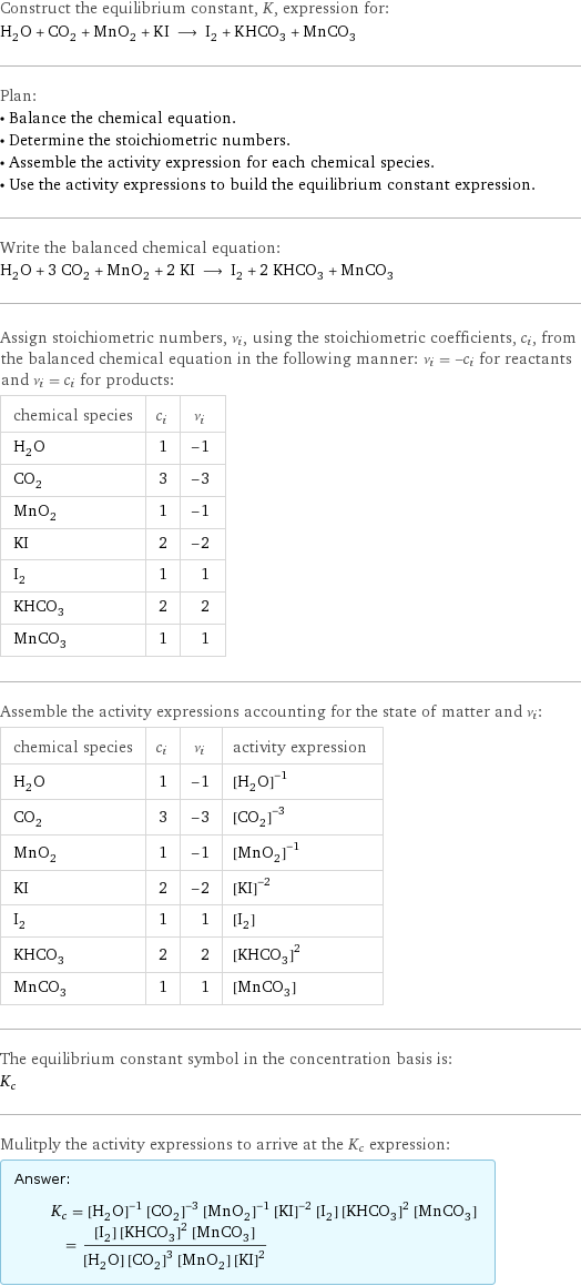 Construct the equilibrium constant, K, expression for: H_2O + CO_2 + MnO_2 + KI ⟶ I_2 + KHCO_3 + MnCO_3 Plan: • Balance the chemical equation. • Determine the stoichiometric numbers. • Assemble the activity expression for each chemical species. • Use the activity expressions to build the equilibrium constant expression. Write the balanced chemical equation: H_2O + 3 CO_2 + MnO_2 + 2 KI ⟶ I_2 + 2 KHCO_3 + MnCO_3 Assign stoichiometric numbers, ν_i, using the stoichiometric coefficients, c_i, from the balanced chemical equation in the following manner: ν_i = -c_i for reactants and ν_i = c_i for products: chemical species | c_i | ν_i H_2O | 1 | -1 CO_2 | 3 | -3 MnO_2 | 1 | -1 KI | 2 | -2 I_2 | 1 | 1 KHCO_3 | 2 | 2 MnCO_3 | 1 | 1 Assemble the activity expressions accounting for the state of matter and ν_i: chemical species | c_i | ν_i | activity expression H_2O | 1 | -1 | ([H2O])^(-1) CO_2 | 3 | -3 | ([CO2])^(-3) MnO_2 | 1 | -1 | ([MnO2])^(-1) KI | 2 | -2 | ([KI])^(-2) I_2 | 1 | 1 | [I2] KHCO_3 | 2 | 2 | ([KHCO3])^2 MnCO_3 | 1 | 1 | [MnCO3] The equilibrium constant symbol in the concentration basis is: K_c Mulitply the activity expressions to arrive at the K_c expression: Answer: |   | K_c = ([H2O])^(-1) ([CO2])^(-3) ([MnO2])^(-1) ([KI])^(-2) [I2] ([KHCO3])^2 [MnCO3] = ([I2] ([KHCO3])^2 [MnCO3])/([H2O] ([CO2])^3 [MnO2] ([KI])^2)