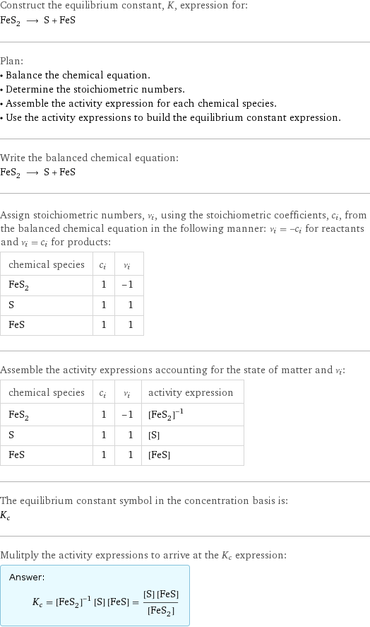 Construct the equilibrium constant, K, expression for: FeS_2 ⟶ S + FeS Plan: • Balance the chemical equation. • Determine the stoichiometric numbers. • Assemble the activity expression for each chemical species. • Use the activity expressions to build the equilibrium constant expression. Write the balanced chemical equation: FeS_2 ⟶ S + FeS Assign stoichiometric numbers, ν_i, using the stoichiometric coefficients, c_i, from the balanced chemical equation in the following manner: ν_i = -c_i for reactants and ν_i = c_i for products: chemical species | c_i | ν_i FeS_2 | 1 | -1 S | 1 | 1 FeS | 1 | 1 Assemble the activity expressions accounting for the state of matter and ν_i: chemical species | c_i | ν_i | activity expression FeS_2 | 1 | -1 | ([FeS2])^(-1) S | 1 | 1 | [S] FeS | 1 | 1 | [FeS] The equilibrium constant symbol in the concentration basis is: K_c Mulitply the activity expressions to arrive at the K_c expression: Answer: |   | K_c = ([FeS2])^(-1) [S] [FeS] = ([S] [FeS])/([FeS2])