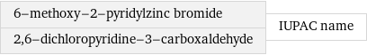 6-methoxy-2-pyridylzinc bromide 2, 6-dichloropyridine-3-carboxaldehyde | IUPAC name