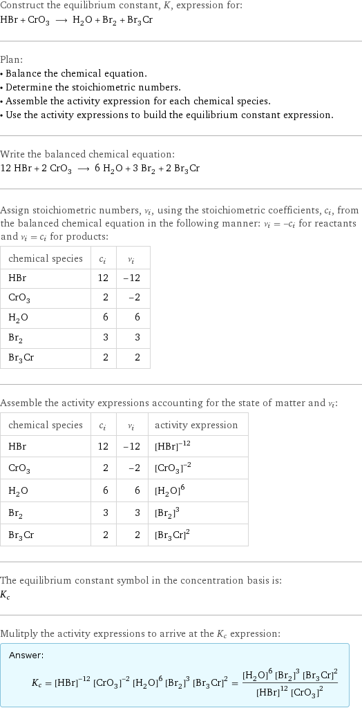 Construct the equilibrium constant, K, expression for: HBr + CrO_3 ⟶ H_2O + Br_2 + Br_3Cr Plan: • Balance the chemical equation. • Determine the stoichiometric numbers. • Assemble the activity expression for each chemical species. • Use the activity expressions to build the equilibrium constant expression. Write the balanced chemical equation: 12 HBr + 2 CrO_3 ⟶ 6 H_2O + 3 Br_2 + 2 Br_3Cr Assign stoichiometric numbers, ν_i, using the stoichiometric coefficients, c_i, from the balanced chemical equation in the following manner: ν_i = -c_i for reactants and ν_i = c_i for products: chemical species | c_i | ν_i HBr | 12 | -12 CrO_3 | 2 | -2 H_2O | 6 | 6 Br_2 | 3 | 3 Br_3Cr | 2 | 2 Assemble the activity expressions accounting for the state of matter and ν_i: chemical species | c_i | ν_i | activity expression HBr | 12 | -12 | ([HBr])^(-12) CrO_3 | 2 | -2 | ([CrO3])^(-2) H_2O | 6 | 6 | ([H2O])^6 Br_2 | 3 | 3 | ([Br2])^3 Br_3Cr | 2 | 2 | ([Br3Cr])^2 The equilibrium constant symbol in the concentration basis is: K_c Mulitply the activity expressions to arrive at the K_c expression: Answer: |   | K_c = ([HBr])^(-12) ([CrO3])^(-2) ([H2O])^6 ([Br2])^3 ([Br3Cr])^2 = (([H2O])^6 ([Br2])^3 ([Br3Cr])^2)/(([HBr])^12 ([CrO3])^2)