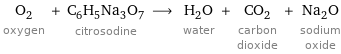 O_2 oxygen + C_6H_5Na_3O_7 citrosodine ⟶ H_2O water + CO_2 carbon dioxide + Na_2O sodium oxide