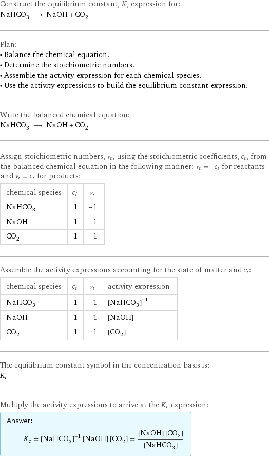 Construct the equilibrium constant, K, expression for: NaHCO_3 ⟶ NaOH + CO_2 Plan: • Balance the chemical equation. • Determine the stoichiometric numbers. • Assemble the activity expression for each chemical species. • Use the activity expressions to build the equilibrium constant expression. Write the balanced chemical equation: NaHCO_3 ⟶ NaOH + CO_2 Assign stoichiometric numbers, ν_i, using the stoichiometric coefficients, c_i, from the balanced chemical equation in the following manner: ν_i = -c_i for reactants and ν_i = c_i for products: chemical species | c_i | ν_i NaHCO_3 | 1 | -1 NaOH | 1 | 1 CO_2 | 1 | 1 Assemble the activity expressions accounting for the state of matter and ν_i: chemical species | c_i | ν_i | activity expression NaHCO_3 | 1 | -1 | ([NaHCO3])^(-1) NaOH | 1 | 1 | [NaOH] CO_2 | 1 | 1 | [CO2] The equilibrium constant symbol in the concentration basis is: K_c Mulitply the activity expressions to arrive at the K_c expression: Answer: |   | K_c = ([NaHCO3])^(-1) [NaOH] [CO2] = ([NaOH] [CO2])/([NaHCO3])