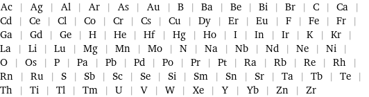 Ac | Ag | Al | Ar | As | Au | B | Ba | Be | Bi | Br | C | Ca | Cd | Ce | Cl | Co | Cr | Cs | Cu | Dy | Er | Eu | F | Fe | Fr | Ga | Gd | Ge | H | He | Hf | Hg | Ho | I | In | Ir | K | Kr | La | Li | Lu | Mg | Mn | Mo | N | Na | Nb | Nd | Ne | Ni | O | Os | P | Pa | Pb | Pd | Po | Pr | Pt | Ra | Rb | Re | Rh | Rn | Ru | S | Sb | Sc | Se | Si | Sm | Sn | Sr | Ta | Tb | Te | Th | Ti | Tl | Tm | U | V | W | Xe | Y | Yb | Zn | Zr