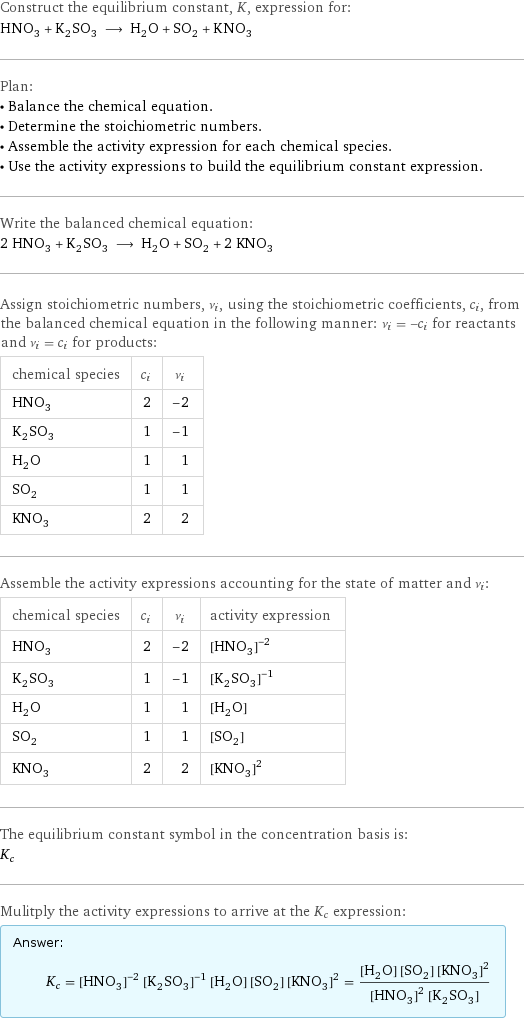 Construct the equilibrium constant, K, expression for: HNO_3 + K_2SO_3 ⟶ H_2O + SO_2 + KNO_3 Plan: • Balance the chemical equation. • Determine the stoichiometric numbers. • Assemble the activity expression for each chemical species. • Use the activity expressions to build the equilibrium constant expression. Write the balanced chemical equation: 2 HNO_3 + K_2SO_3 ⟶ H_2O + SO_2 + 2 KNO_3 Assign stoichiometric numbers, ν_i, using the stoichiometric coefficients, c_i, from the balanced chemical equation in the following manner: ν_i = -c_i for reactants and ν_i = c_i for products: chemical species | c_i | ν_i HNO_3 | 2 | -2 K_2SO_3 | 1 | -1 H_2O | 1 | 1 SO_2 | 1 | 1 KNO_3 | 2 | 2 Assemble the activity expressions accounting for the state of matter and ν_i: chemical species | c_i | ν_i | activity expression HNO_3 | 2 | -2 | ([HNO3])^(-2) K_2SO_3 | 1 | -1 | ([K2SO3])^(-1) H_2O | 1 | 1 | [H2O] SO_2 | 1 | 1 | [SO2] KNO_3 | 2 | 2 | ([KNO3])^2 The equilibrium constant symbol in the concentration basis is: K_c Mulitply the activity expressions to arrive at the K_c expression: Answer: |   | K_c = ([HNO3])^(-2) ([K2SO3])^(-1) [H2O] [SO2] ([KNO3])^2 = ([H2O] [SO2] ([KNO3])^2)/(([HNO3])^2 [K2SO3])