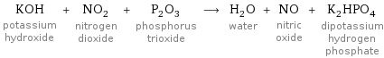 KOH potassium hydroxide + NO_2 nitrogen dioxide + P_2O_3 phosphorus trioxide ⟶ H_2O water + NO nitric oxide + K_2HPO_4 dipotassium hydrogen phosphate