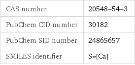 CAS number | 20548-54-3 PubChem CID number | 30182 PubChem SID number | 24865657 SMILES identifier | S=[Ca]