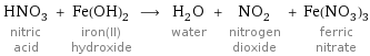 HNO_3 nitric acid + Fe(OH)_2 iron(II) hydroxide ⟶ H_2O water + NO_2 nitrogen dioxide + Fe(NO_3)_3 ferric nitrate