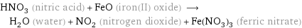 HNO_3 (nitric acid) + FeO (iron(II) oxide) ⟶ H_2O (water) + NO_2 (nitrogen dioxide) + Fe(NO_3)_3 (ferric nitrate)