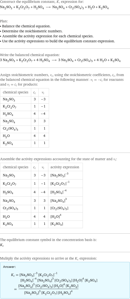 Construct the equilibrium constant, K, expression for: Na_2SO_3 + K_2Cr_2O_7 + H_2SO_4 ⟶ Na_2SO_4 + Cr_2(SO_4)_3 + H_2O + K_2SO_4 Plan: • Balance the chemical equation. • Determine the stoichiometric numbers. • Assemble the activity expression for each chemical species. • Use the activity expressions to build the equilibrium constant expression. Write the balanced chemical equation: 3 Na_2SO_3 + K_2Cr_2O_7 + 4 H_2SO_4 ⟶ 3 Na_2SO_4 + Cr_2(SO_4)_3 + 4 H_2O + K_2SO_4 Assign stoichiometric numbers, ν_i, using the stoichiometric coefficients, c_i, from the balanced chemical equation in the following manner: ν_i = -c_i for reactants and ν_i = c_i for products: chemical species | c_i | ν_i Na_2SO_3 | 3 | -3 K_2Cr_2O_7 | 1 | -1 H_2SO_4 | 4 | -4 Na_2SO_4 | 3 | 3 Cr_2(SO_4)_3 | 1 | 1 H_2O | 4 | 4 K_2SO_4 | 1 | 1 Assemble the activity expressions accounting for the state of matter and ν_i: chemical species | c_i | ν_i | activity expression Na_2SO_3 | 3 | -3 | ([Na2SO3])^(-3) K_2Cr_2O_7 | 1 | -1 | ([K2Cr2O7])^(-1) H_2SO_4 | 4 | -4 | ([H2SO4])^(-4) Na_2SO_4 | 3 | 3 | ([Na2SO4])^3 Cr_2(SO_4)_3 | 1 | 1 | [Cr2(SO4)3] H_2O | 4 | 4 | ([H2O])^4 K_2SO_4 | 1 | 1 | [K2SO4] The equilibrium constant symbol in the concentration basis is: K_c Mulitply the activity expressions to arrive at the K_c expression: Answer: |   | K_c = ([Na2SO3])^(-3) ([K2Cr2O7])^(-1) ([H2SO4])^(-4) ([Na2SO4])^3 [Cr2(SO4)3] ([H2O])^4 [K2SO4] = (([Na2SO4])^3 [Cr2(SO4)3] ([H2O])^4 [K2SO4])/(([Na2SO3])^3 [K2Cr2O7] ([H2SO4])^4)