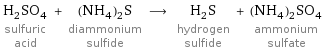 H_2SO_4 sulfuric acid + (NH_4)_2S diammonium sulfide ⟶ H_2S hydrogen sulfide + (NH_4)_2SO_4 ammonium sulfate