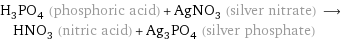 H_3PO_4 (phosphoric acid) + AgNO_3 (silver nitrate) ⟶ HNO_3 (nitric acid) + Ag_3PO_4 (silver phosphate)