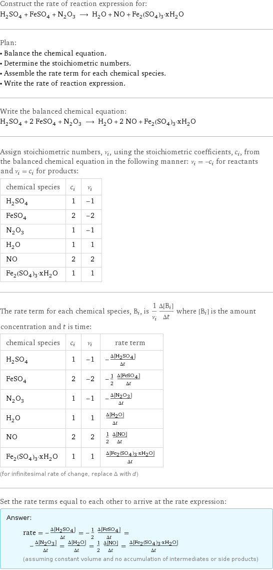 Construct the rate of reaction expression for: H_2SO_4 + FeSO_4 + N_2O_3 ⟶ H_2O + NO + Fe_2(SO_4)_3·xH_2O Plan: • Balance the chemical equation. • Determine the stoichiometric numbers. • Assemble the rate term for each chemical species. • Write the rate of reaction expression. Write the balanced chemical equation: H_2SO_4 + 2 FeSO_4 + N_2O_3 ⟶ H_2O + 2 NO + Fe_2(SO_4)_3·xH_2O Assign stoichiometric numbers, ν_i, using the stoichiometric coefficients, c_i, from the balanced chemical equation in the following manner: ν_i = -c_i for reactants and ν_i = c_i for products: chemical species | c_i | ν_i H_2SO_4 | 1 | -1 FeSO_4 | 2 | -2 N_2O_3 | 1 | -1 H_2O | 1 | 1 NO | 2 | 2 Fe_2(SO_4)_3·xH_2O | 1 | 1 The rate term for each chemical species, B_i, is 1/ν_i(Δ[B_i])/(Δt) where [B_i] is the amount concentration and t is time: chemical species | c_i | ν_i | rate term H_2SO_4 | 1 | -1 | -(Δ[H2SO4])/(Δt) FeSO_4 | 2 | -2 | -1/2 (Δ[FeSO4])/(Δt) N_2O_3 | 1 | -1 | -(Δ[N2O3])/(Δt) H_2O | 1 | 1 | (Δ[H2O])/(Δt) NO | 2 | 2 | 1/2 (Δ[NO])/(Δt) Fe_2(SO_4)_3·xH_2O | 1 | 1 | (Δ[Fe2(SO4)3·xH2O])/(Δt) (for infinitesimal rate of change, replace Δ with d) Set the rate terms equal to each other to arrive at the rate expression: Answer: |   | rate = -(Δ[H2SO4])/(Δt) = -1/2 (Δ[FeSO4])/(Δt) = -(Δ[N2O3])/(Δt) = (Δ[H2O])/(Δt) = 1/2 (Δ[NO])/(Δt) = (Δ[Fe2(SO4)3·xH2O])/(Δt) (assuming constant volume and no accumulation of intermediates or side products)