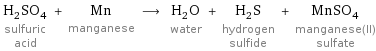 H_2SO_4 sulfuric acid + Mn manganese ⟶ H_2O water + H_2S hydrogen sulfide + MnSO_4 manganese(II) sulfate