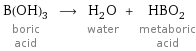 B(OH)_3 boric acid ⟶ H_2O water + HBO_2 metaboric acid