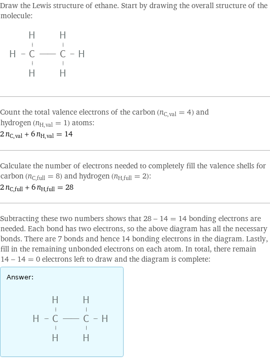 Draw the Lewis structure of ethane. Start by drawing the overall structure of the molecule:  Count the total valence electrons of the carbon (n_C, val = 4) and hydrogen (n_H, val = 1) atoms: 2 n_C, val + 6 n_H, val = 14 Calculate the number of electrons needed to completely fill the valence shells for carbon (n_C, full = 8) and hydrogen (n_H, full = 2): 2 n_C, full + 6 n_H, full = 28 Subtracting these two numbers shows that 28 - 14 = 14 bonding electrons are needed. Each bond has two electrons, so the above diagram has all the necessary bonds. There are 7 bonds and hence 14 bonding electrons in the diagram. Lastly, fill in the remaining unbonded electrons on each atom. In total, there remain 14 - 14 = 0 electrons left to draw and the diagram is complete: Answer: |   | 