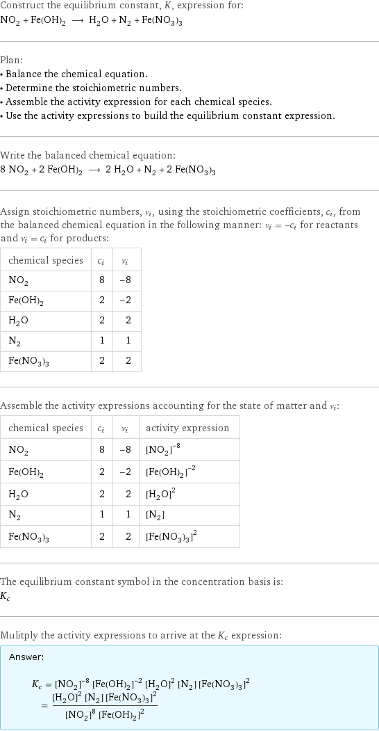 Construct the equilibrium constant, K, expression for: NO_2 + Fe(OH)_2 ⟶ H_2O + N_2 + Fe(NO_3)_3 Plan: • Balance the chemical equation. • Determine the stoichiometric numbers. • Assemble the activity expression for each chemical species. • Use the activity expressions to build the equilibrium constant expression. Write the balanced chemical equation: 8 NO_2 + 2 Fe(OH)_2 ⟶ 2 H_2O + N_2 + 2 Fe(NO_3)_3 Assign stoichiometric numbers, ν_i, using the stoichiometric coefficients, c_i, from the balanced chemical equation in the following manner: ν_i = -c_i for reactants and ν_i = c_i for products: chemical species | c_i | ν_i NO_2 | 8 | -8 Fe(OH)_2 | 2 | -2 H_2O | 2 | 2 N_2 | 1 | 1 Fe(NO_3)_3 | 2 | 2 Assemble the activity expressions accounting for the state of matter and ν_i: chemical species | c_i | ν_i | activity expression NO_2 | 8 | -8 | ([NO2])^(-8) Fe(OH)_2 | 2 | -2 | ([Fe(OH)2])^(-2) H_2O | 2 | 2 | ([H2O])^2 N_2 | 1 | 1 | [N2] Fe(NO_3)_3 | 2 | 2 | ([Fe(NO3)3])^2 The equilibrium constant symbol in the concentration basis is: K_c Mulitply the activity expressions to arrive at the K_c expression: Answer: |   | K_c = ([NO2])^(-8) ([Fe(OH)2])^(-2) ([H2O])^2 [N2] ([Fe(NO3)3])^2 = (([H2O])^2 [N2] ([Fe(NO3)3])^2)/(([NO2])^8 ([Fe(OH)2])^2)