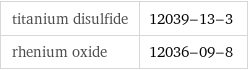 titanium disulfide | 12039-13-3 rhenium oxide | 12036-09-8