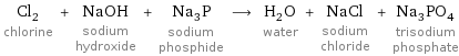 Cl_2 chlorine + NaOH sodium hydroxide + Na_3P sodium phosphide ⟶ H_2O water + NaCl sodium chloride + Na_3PO_4 trisodium phosphate