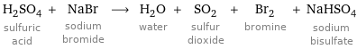 H_2SO_4 sulfuric acid + NaBr sodium bromide ⟶ H_2O water + SO_2 sulfur dioxide + Br_2 bromine + NaHSO_4 sodium bisulfate