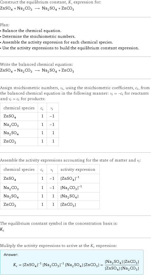 Construct the equilibrium constant, K, expression for: ZnSO_4 + Na_2CO_3 ⟶ Na_2SO_4 + ZnCO_3 Plan: • Balance the chemical equation. • Determine the stoichiometric numbers. • Assemble the activity expression for each chemical species. • Use the activity expressions to build the equilibrium constant expression. Write the balanced chemical equation: ZnSO_4 + Na_2CO_3 ⟶ Na_2SO_4 + ZnCO_3 Assign stoichiometric numbers, ν_i, using the stoichiometric coefficients, c_i, from the balanced chemical equation in the following manner: ν_i = -c_i for reactants and ν_i = c_i for products: chemical species | c_i | ν_i ZnSO_4 | 1 | -1 Na_2CO_3 | 1 | -1 Na_2SO_4 | 1 | 1 ZnCO_3 | 1 | 1 Assemble the activity expressions accounting for the state of matter and ν_i: chemical species | c_i | ν_i | activity expression ZnSO_4 | 1 | -1 | ([ZnSO4])^(-1) Na_2CO_3 | 1 | -1 | ([Na2CO3])^(-1) Na_2SO_4 | 1 | 1 | [Na2SO4] ZnCO_3 | 1 | 1 | [ZnCO3] The equilibrium constant symbol in the concentration basis is: K_c Mulitply the activity expressions to arrive at the K_c expression: Answer: |   | K_c = ([ZnSO4])^(-1) ([Na2CO3])^(-1) [Na2SO4] [ZnCO3] = ([Na2SO4] [ZnCO3])/([ZnSO4] [Na2CO3])