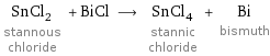 SnCl_2 stannous chloride + BiCl ⟶ SnCl_4 stannic chloride + Bi bismuth